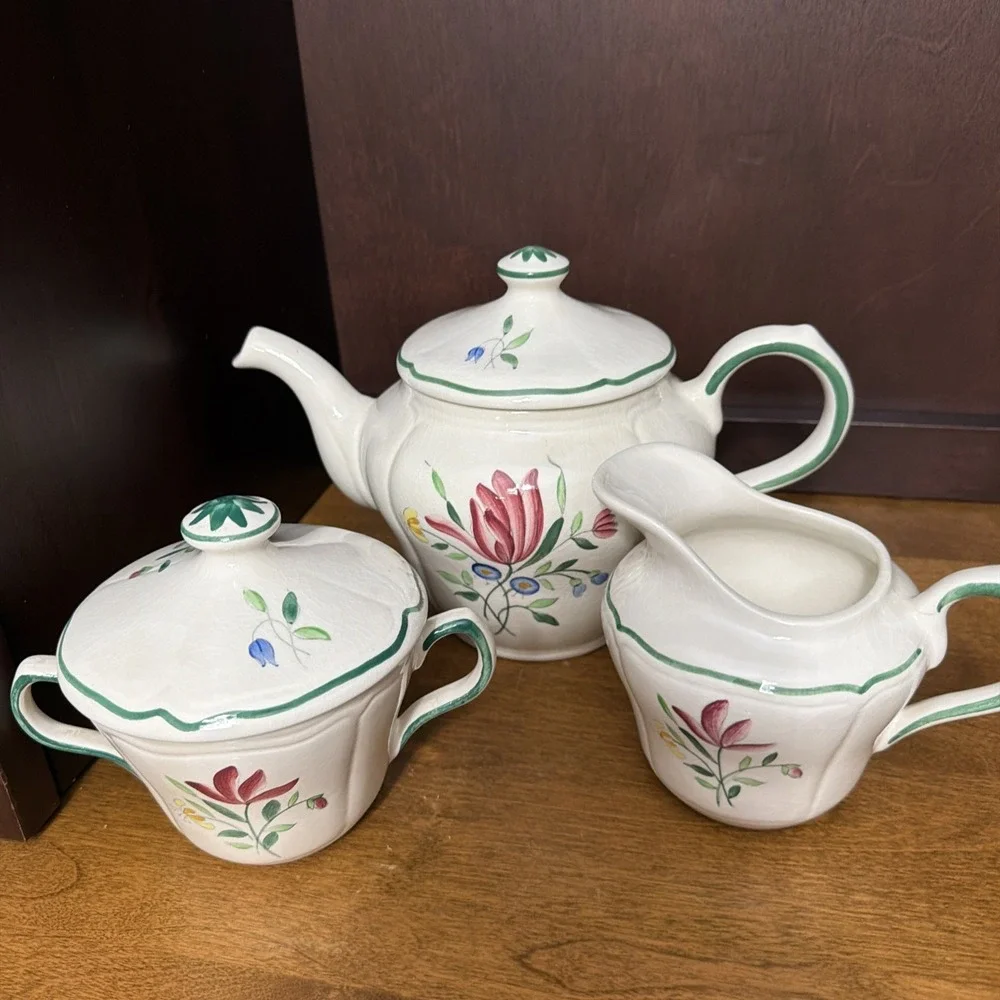 Longchamp Teapot Suger & Creamer French Faience Hand Painted Floral VTG
